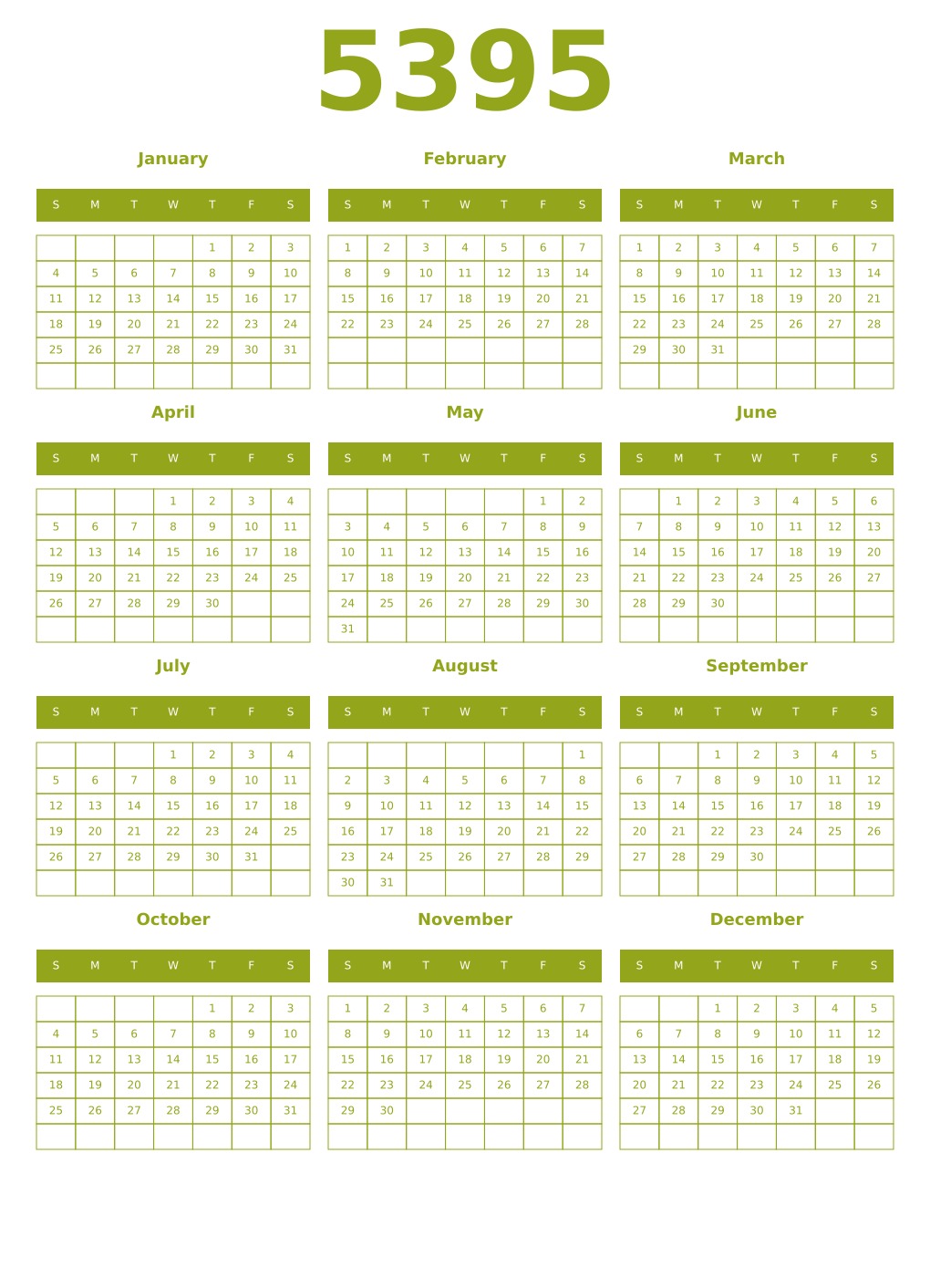 Printable 5395 Year Calendars chartreuse