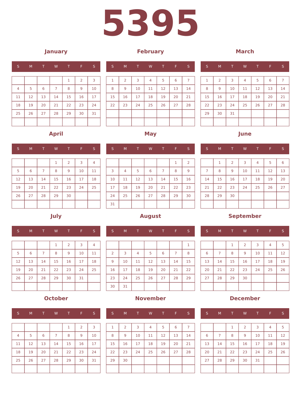Printable 5395 Year Calendars cordovan