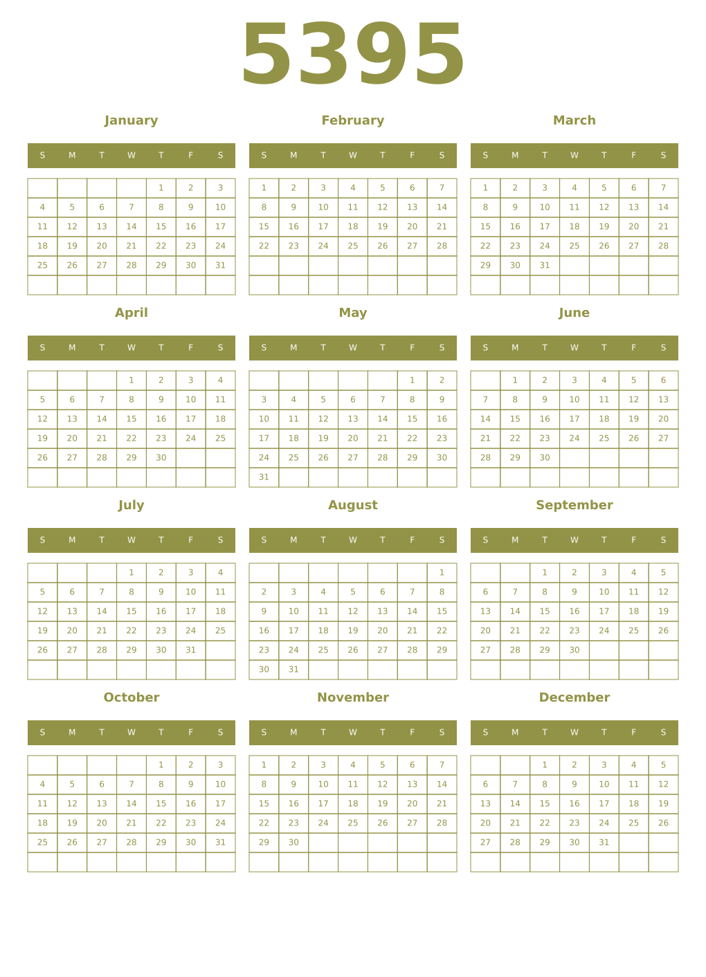 Printable 5395 Year Calendars eburnean