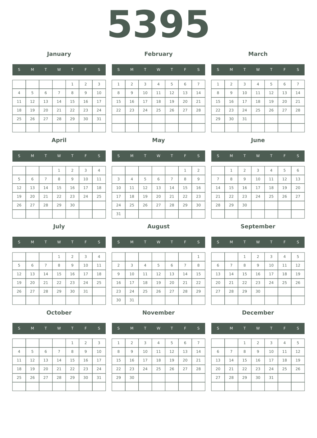 Printable 5395 Year Calendars feldgrau