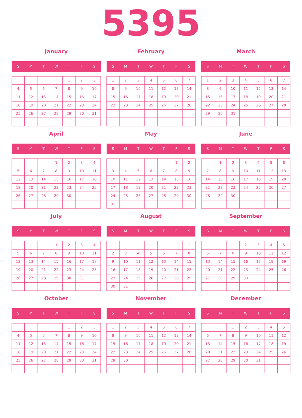 Printable 5395 Year Calendars pink