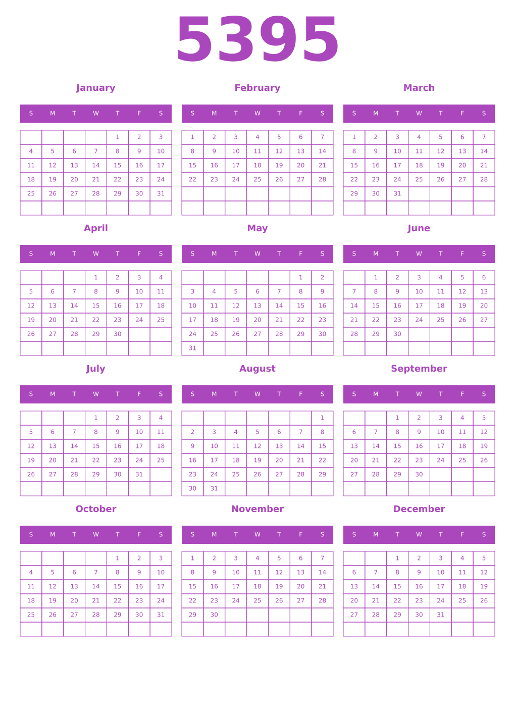 Printable 5395 Year Calendars purple