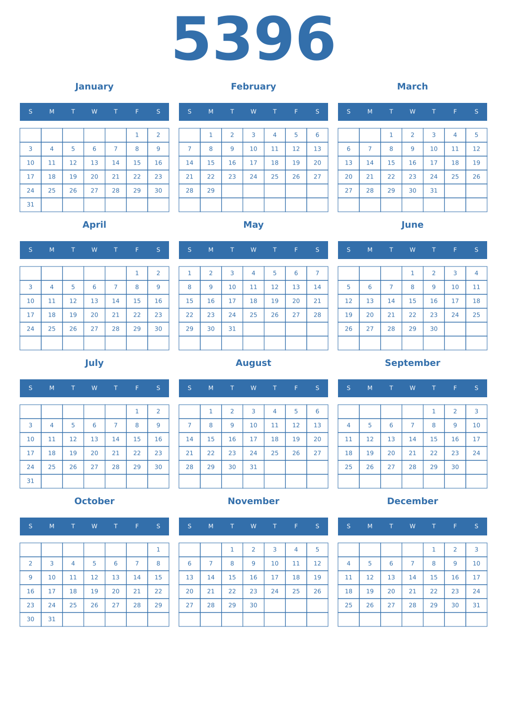 Printable 5396 Year Calendars blue