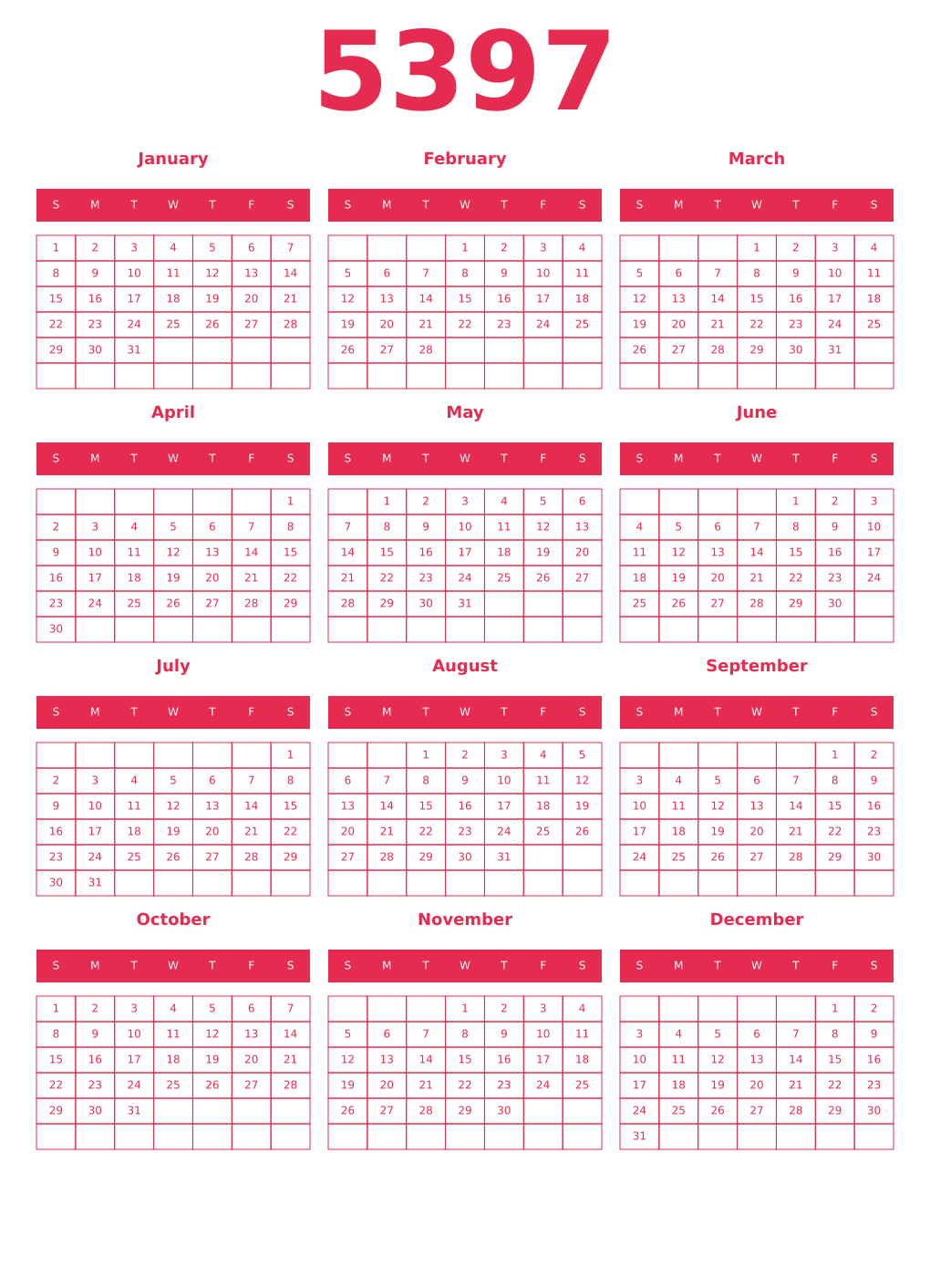 Printable 5397 Year Calendars amaranth