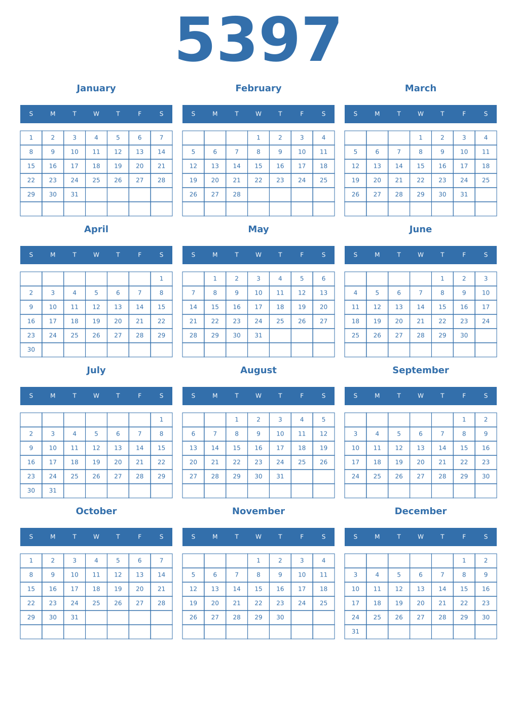 Printable 5397 Year Calendars blue