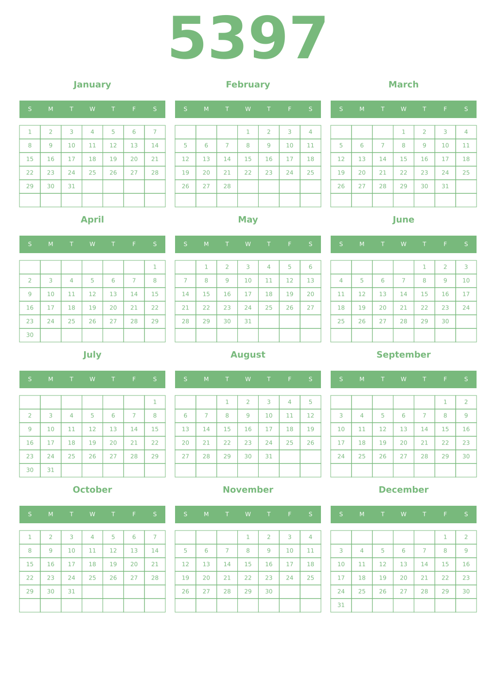 Printable 5397 Year Calendars celadon