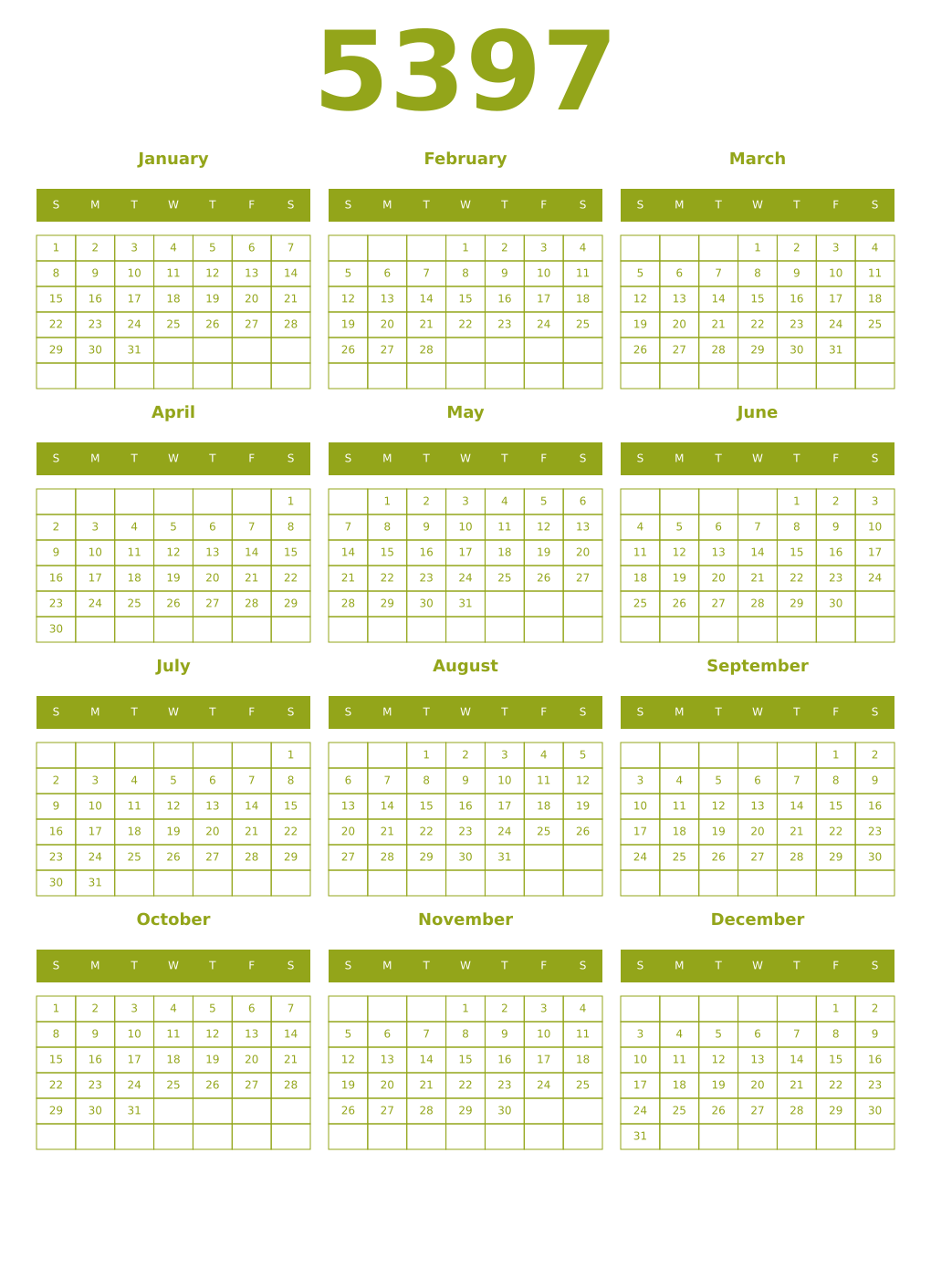 Printable 5397 Year Calendars chartreuse