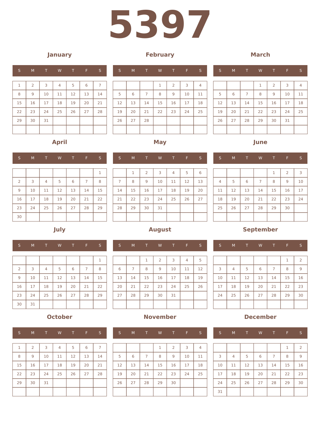 Printable 5397 Year Calendars coffe