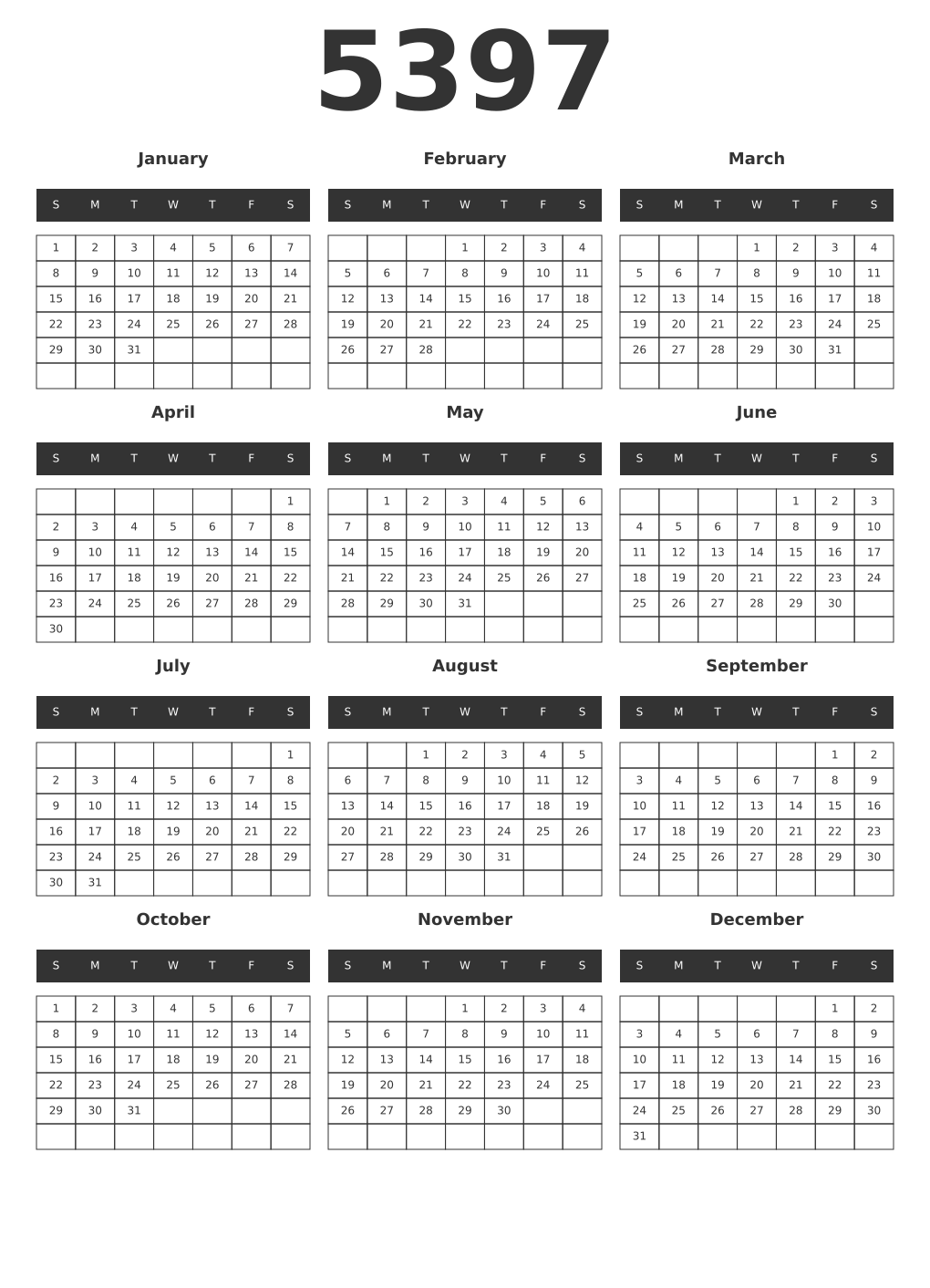Printable 5397 Year Calendars dark