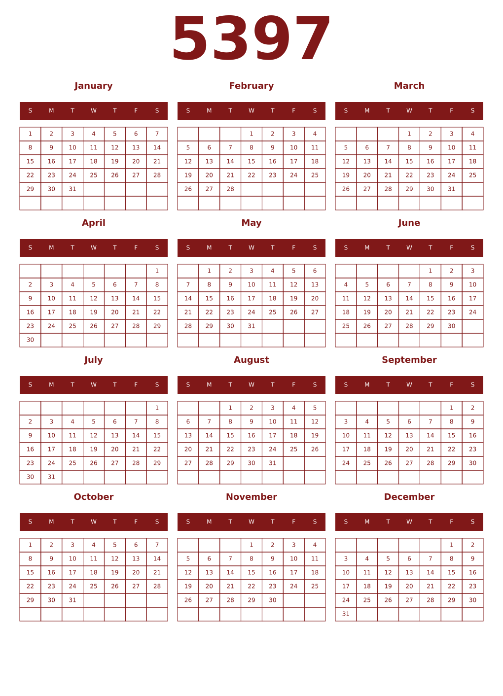 Printable 5397 Year Calendars falu
