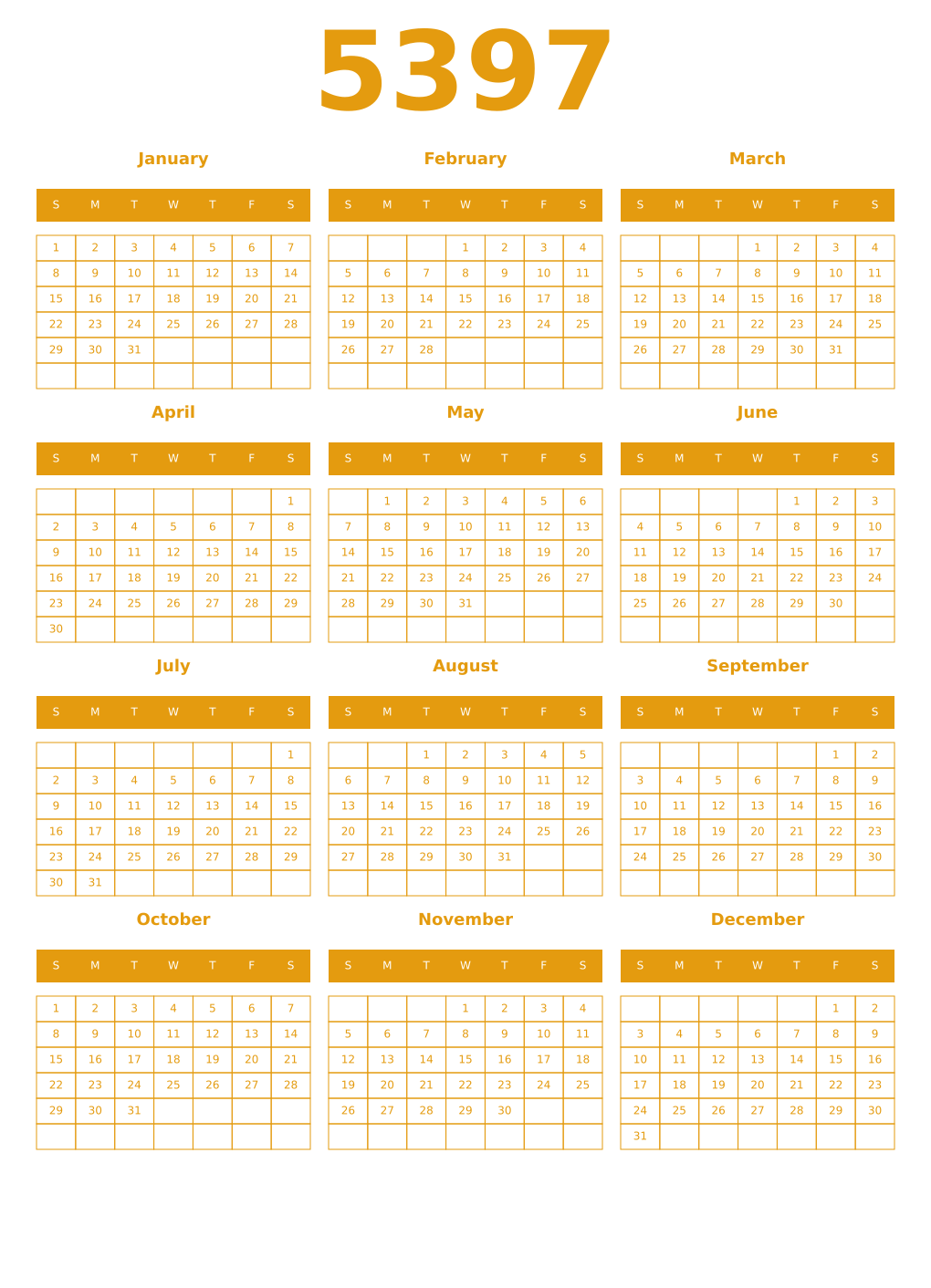 Printable 5397 Year Calendars gamboge
