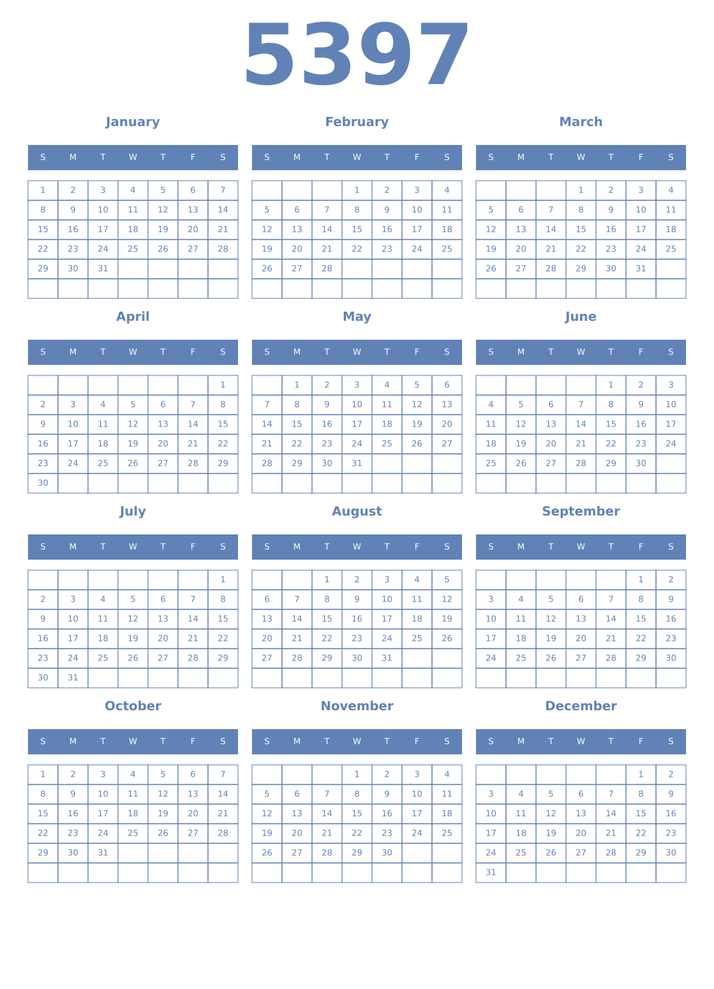 Printable 5397 Year Calendars glaucous