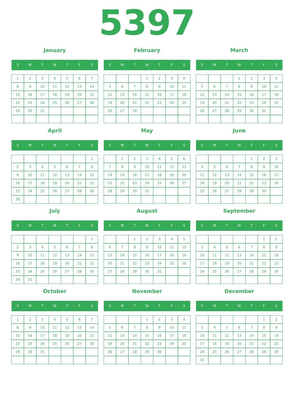 Printable 5397 Year Calendars green