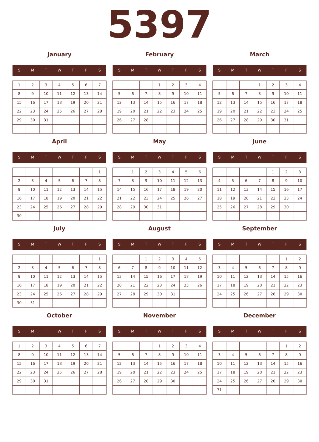 Printable 5397 Year Calendars mortuum