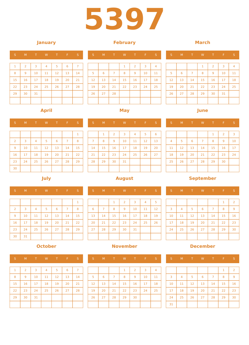 Printable 5397 Year Calendars orange