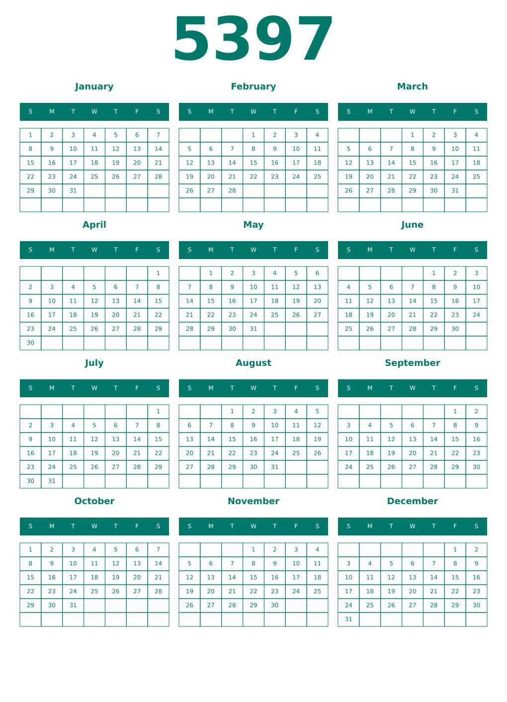 Printable 5397 Year Calendars pastel