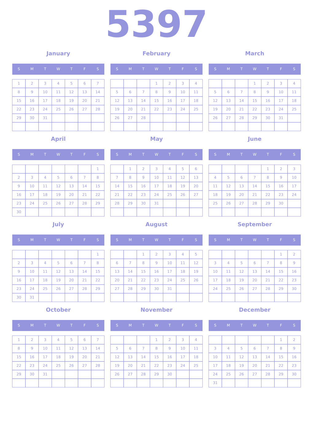 Printable 5397 Year Calendars periwinkle