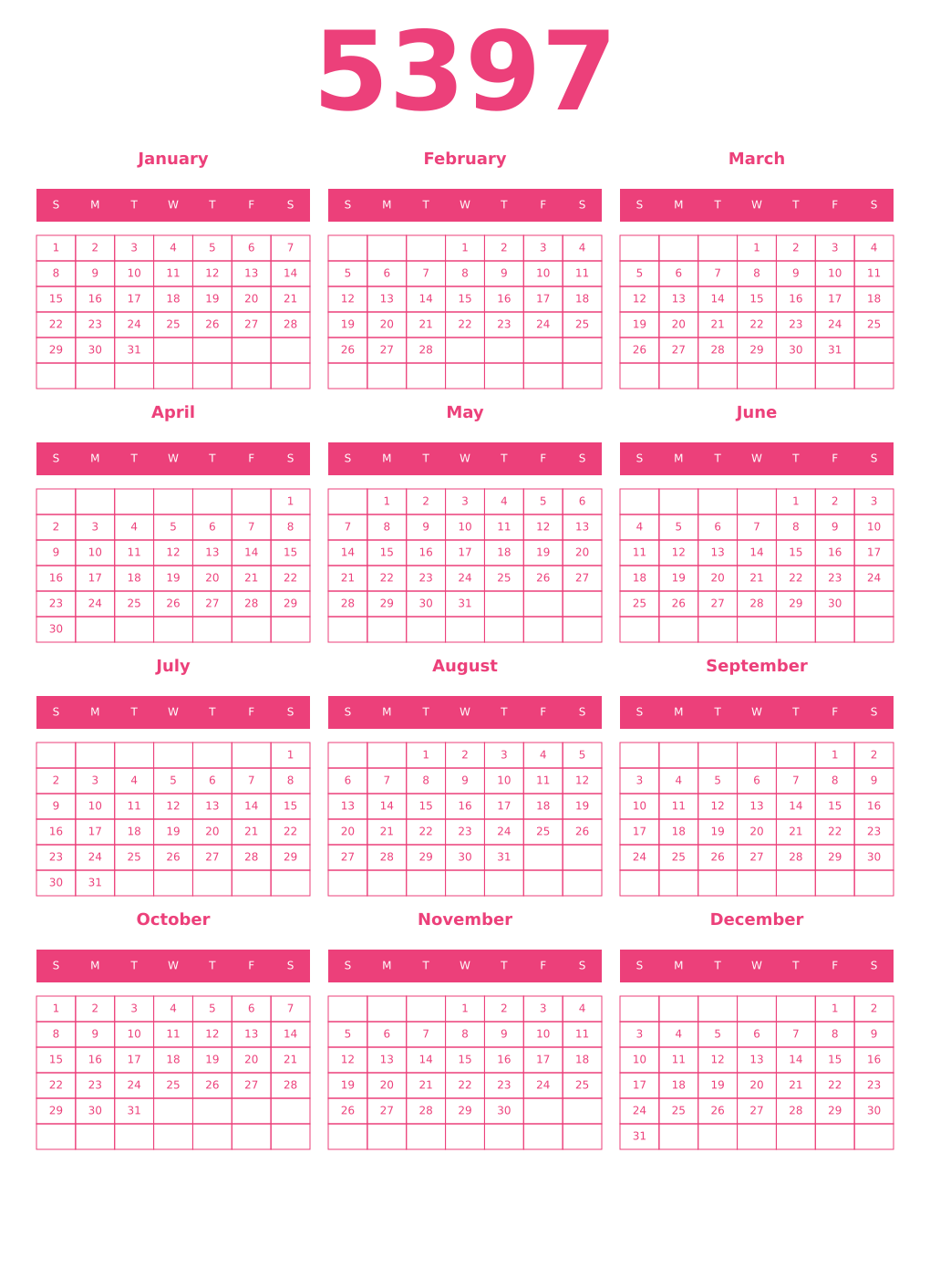 Printable 5397 Year Calendars pink