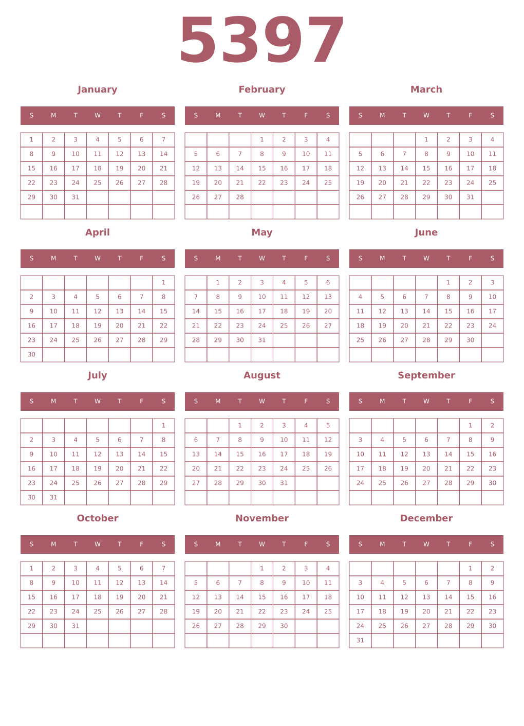 Printable 5397 Year Calendars puce