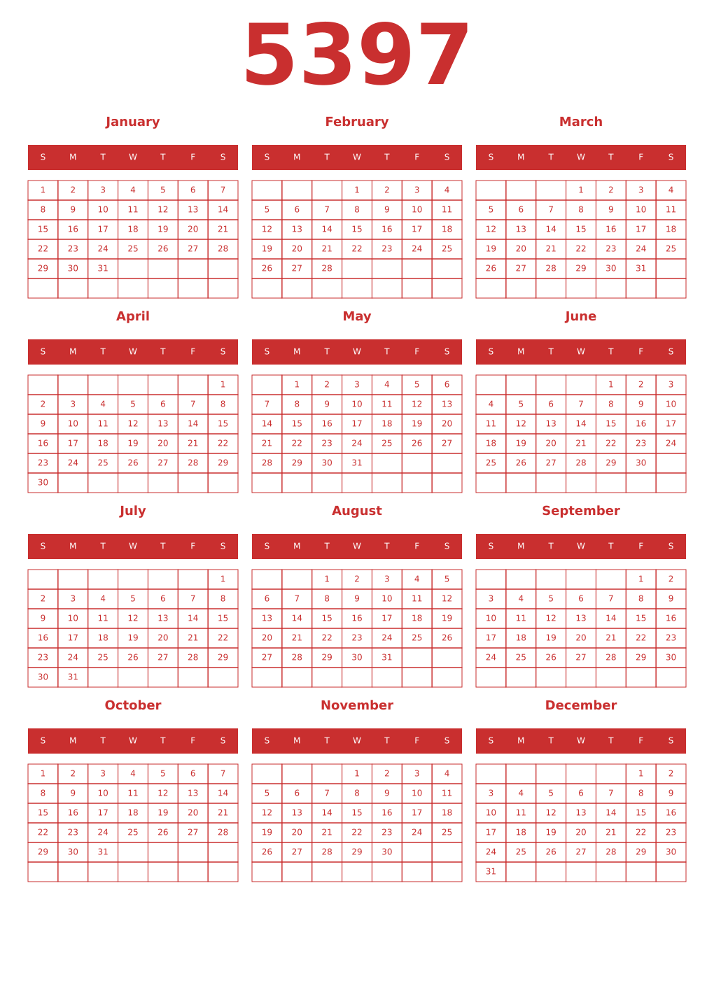 Printable 5397 Year Calendars red