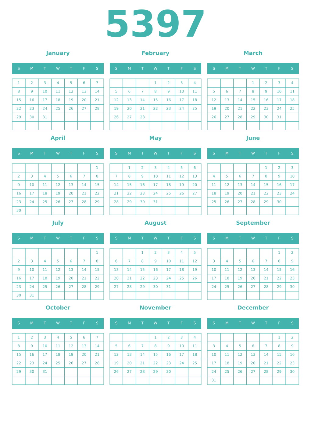 Printable 5397 Year Calendars verdigris