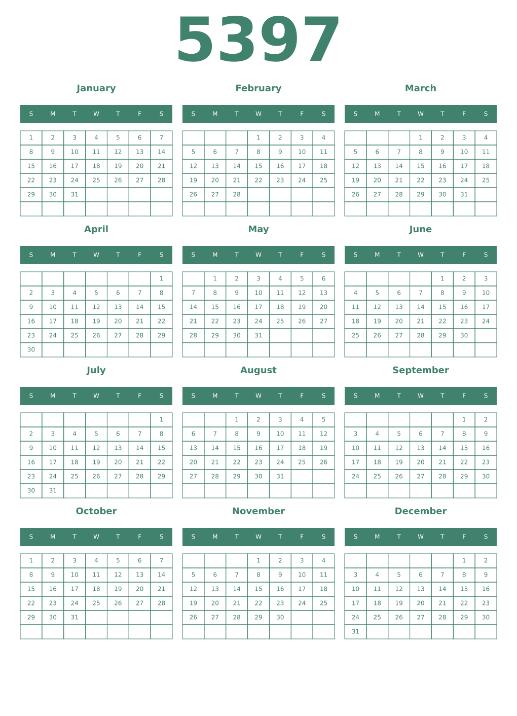 Printable 5397 Year Calendars viridian