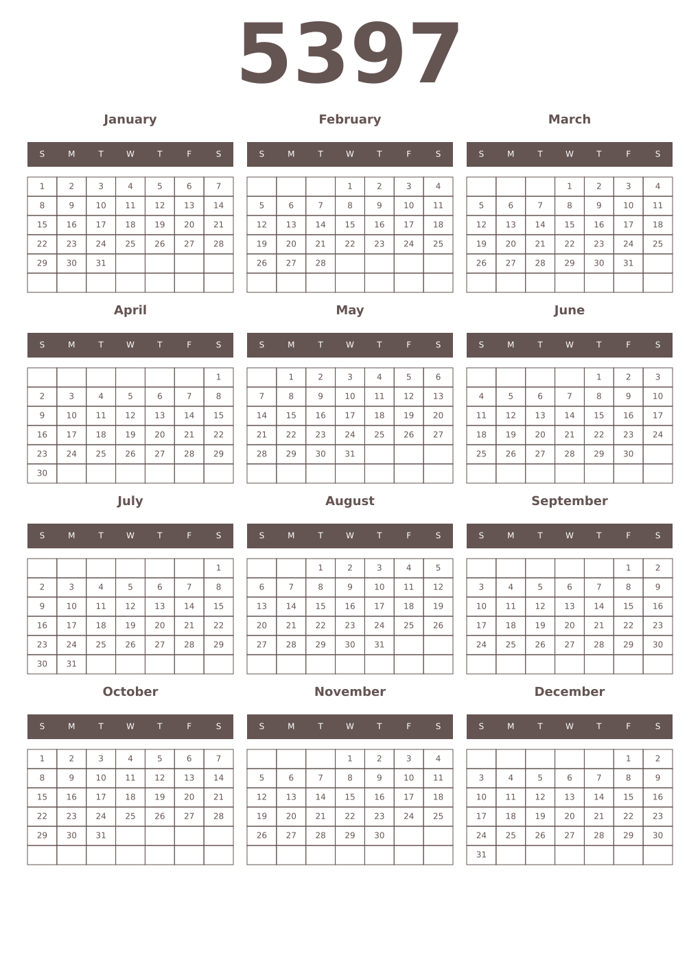 Printable 5397 Year Calendars wenge