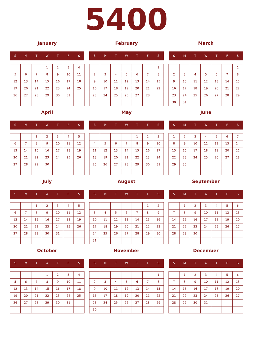Printable 5400 Year Calendars falu