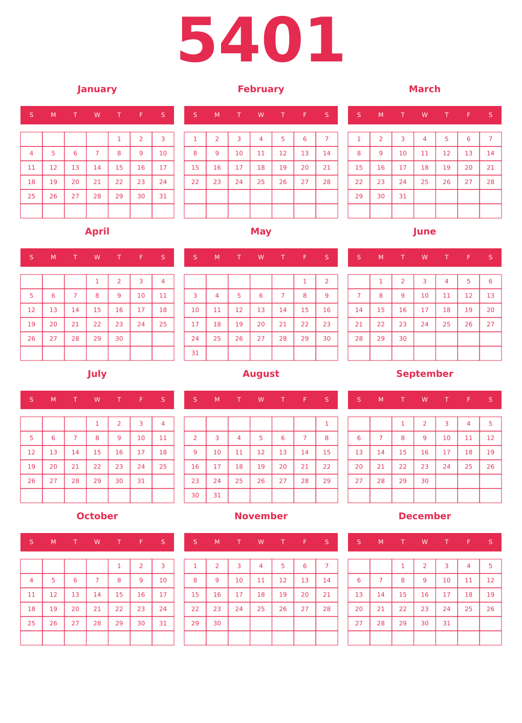 Printable 5401 Year Calendars amaranth
