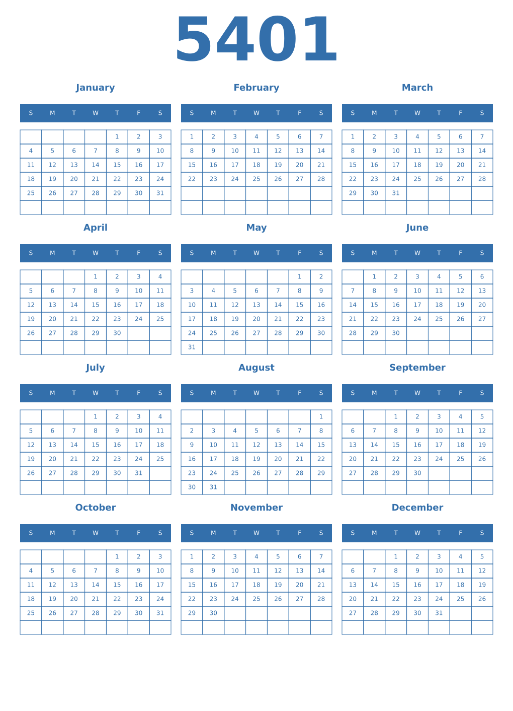 Printable 5401 Year Calendars blue