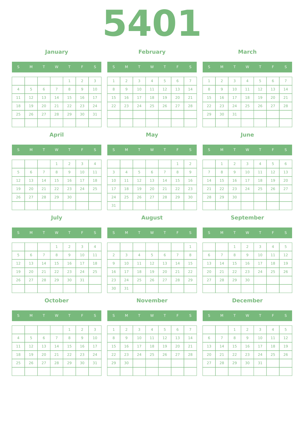 Printable 5401 Year Calendars celadon