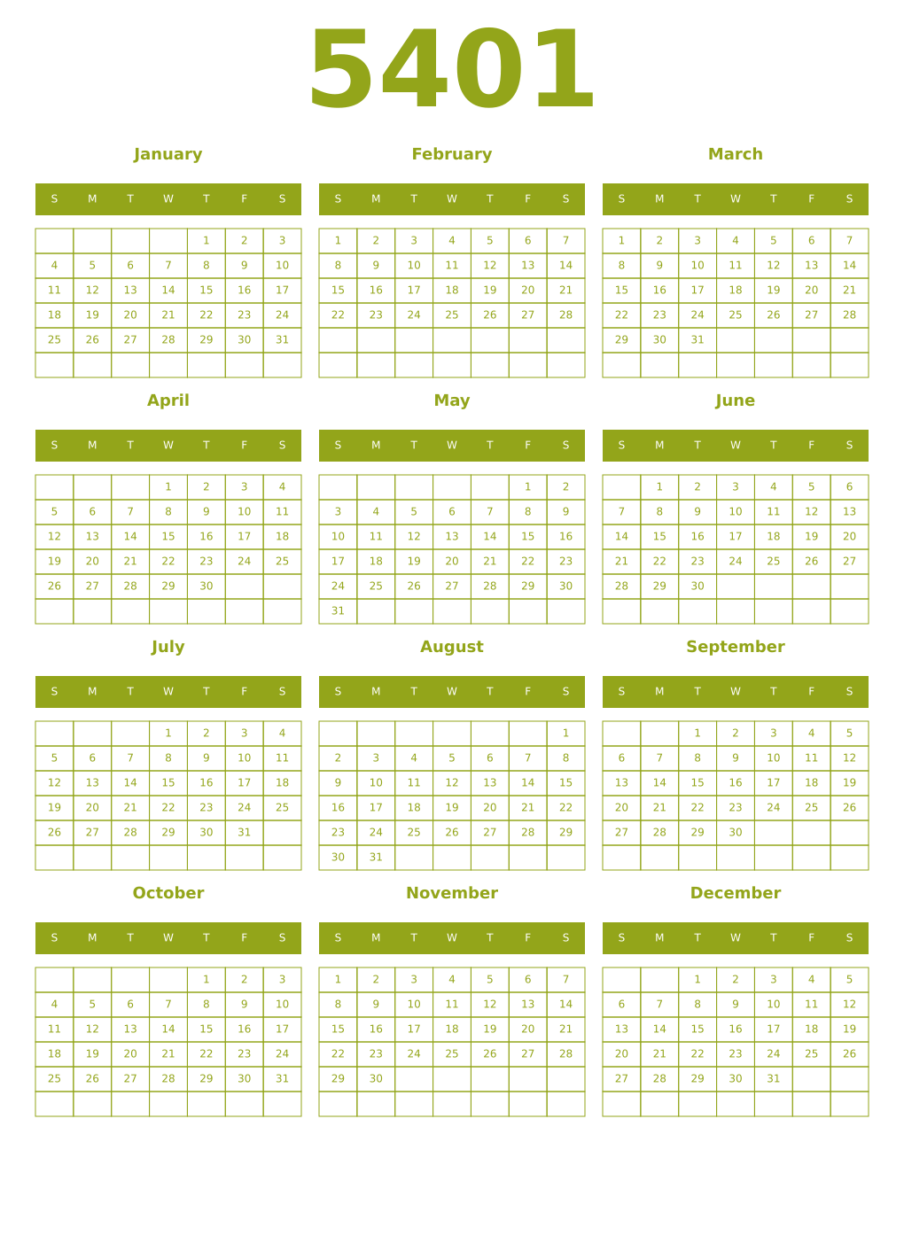 Printable 5401 Year Calendars chartreuse
