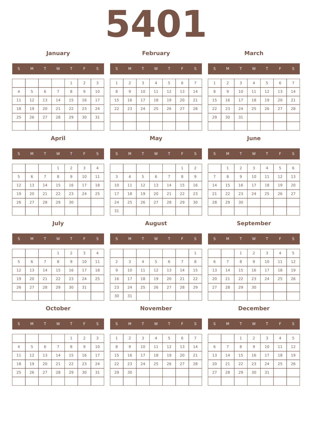 Printable 5401 Year Calendars coffe