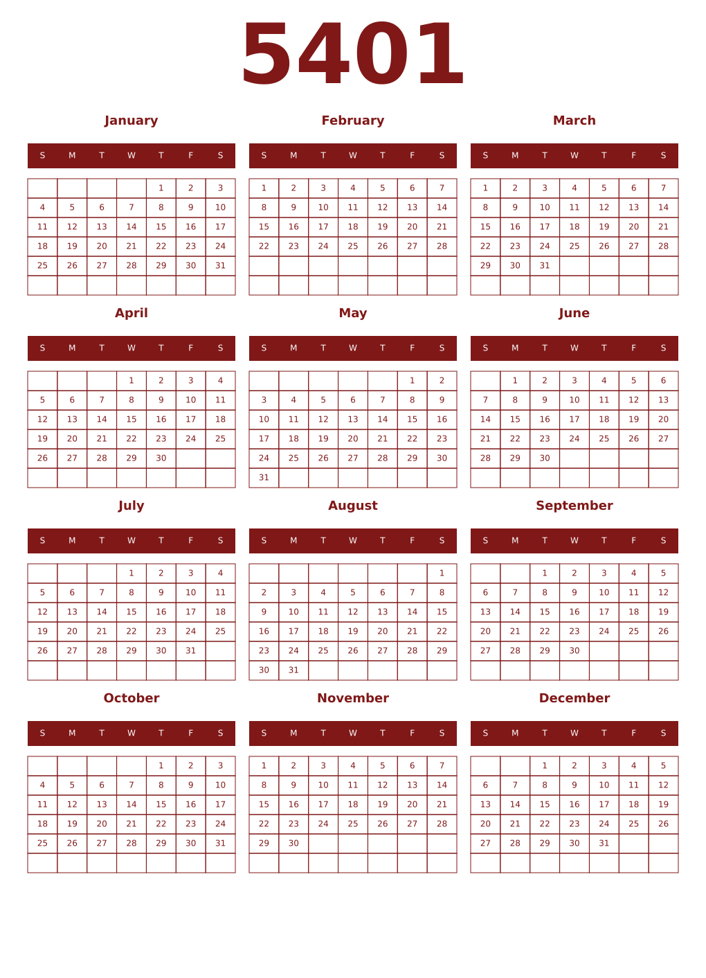 Printable 5401 Year Calendars falu