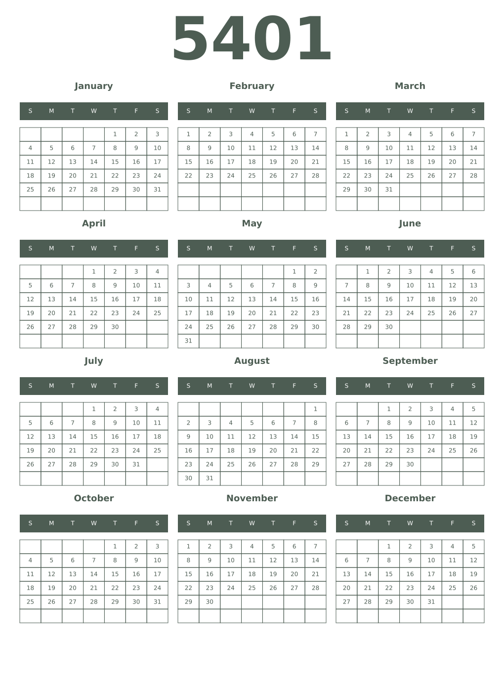 Printable 5401 Year Calendars feldgrau