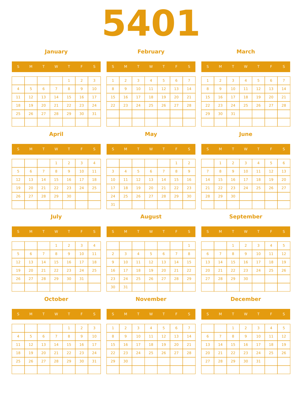 Printable 5401 Year Calendars gamboge