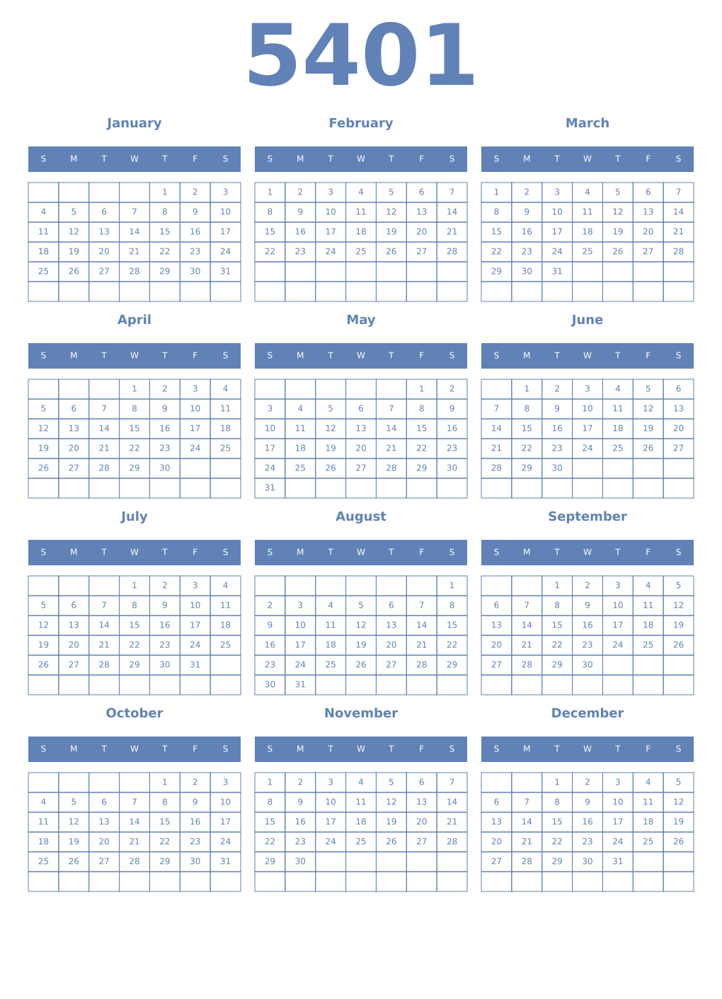 Printable 5401 Year Calendars glaucous