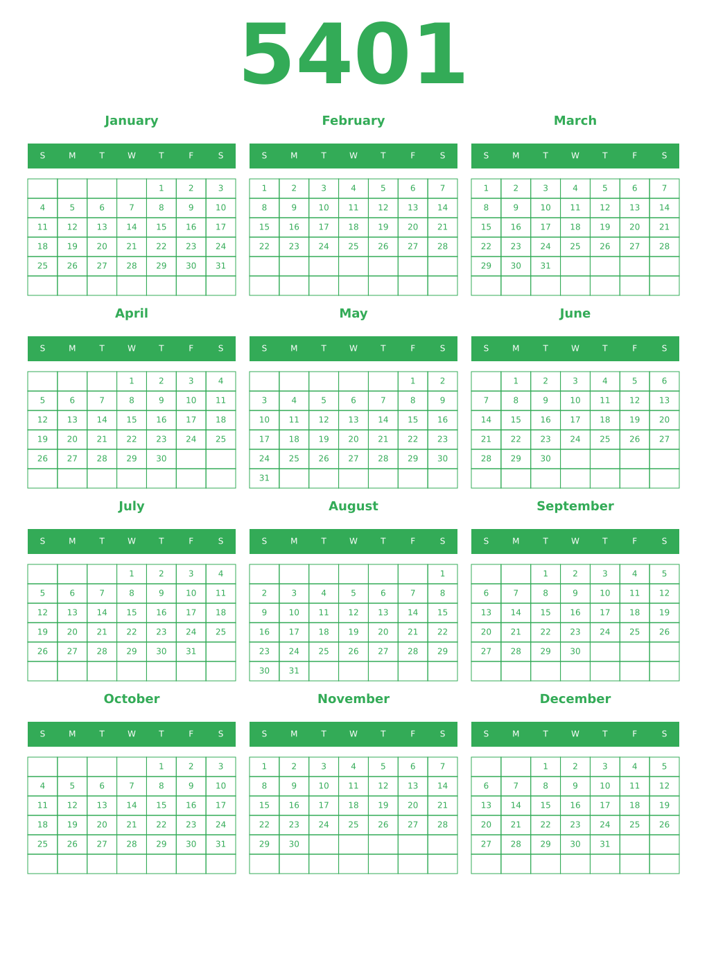 Printable 5401 Year Calendars green