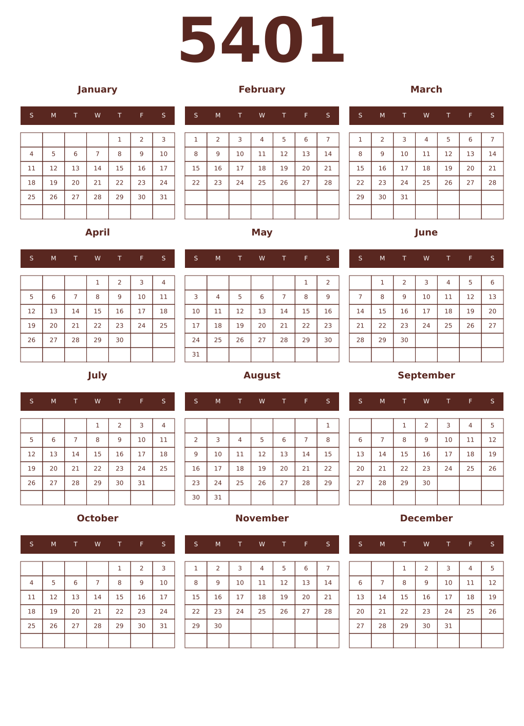 Printable 5401 Year Calendars mortuum
