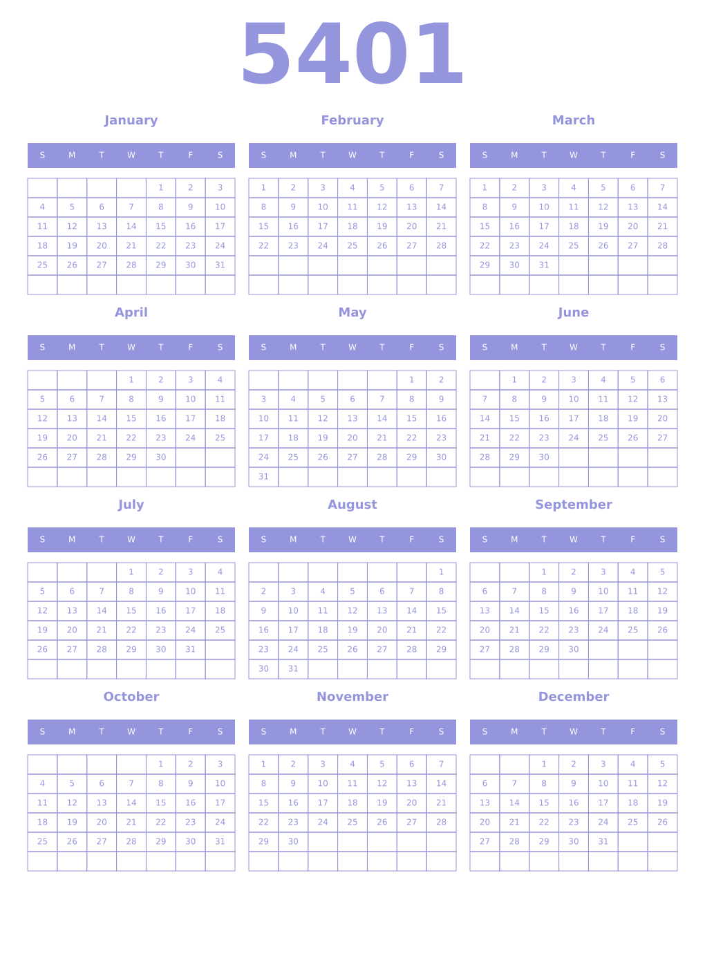 Printable 5401 Year Calendars periwinkle