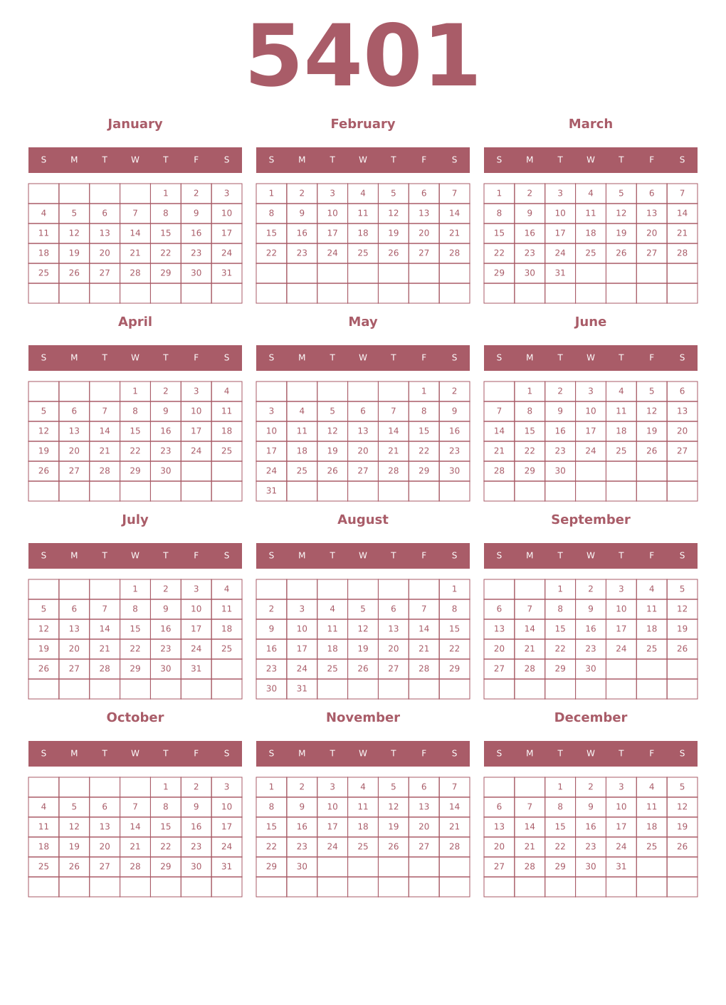 Printable 5401 Year Calendars puce