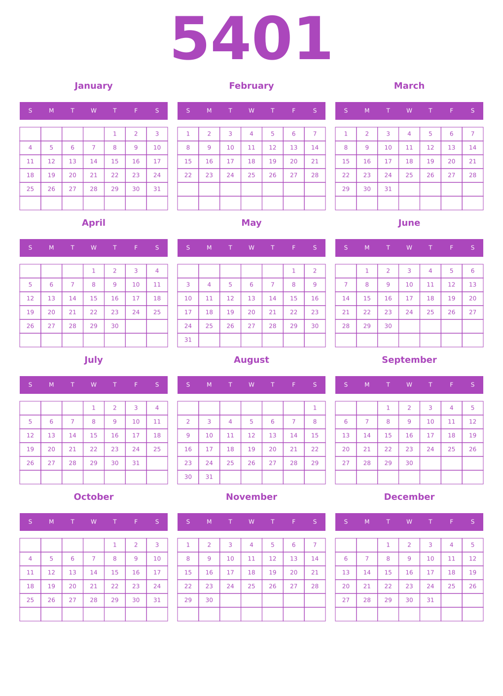 Printable 5401 Year Calendars purple