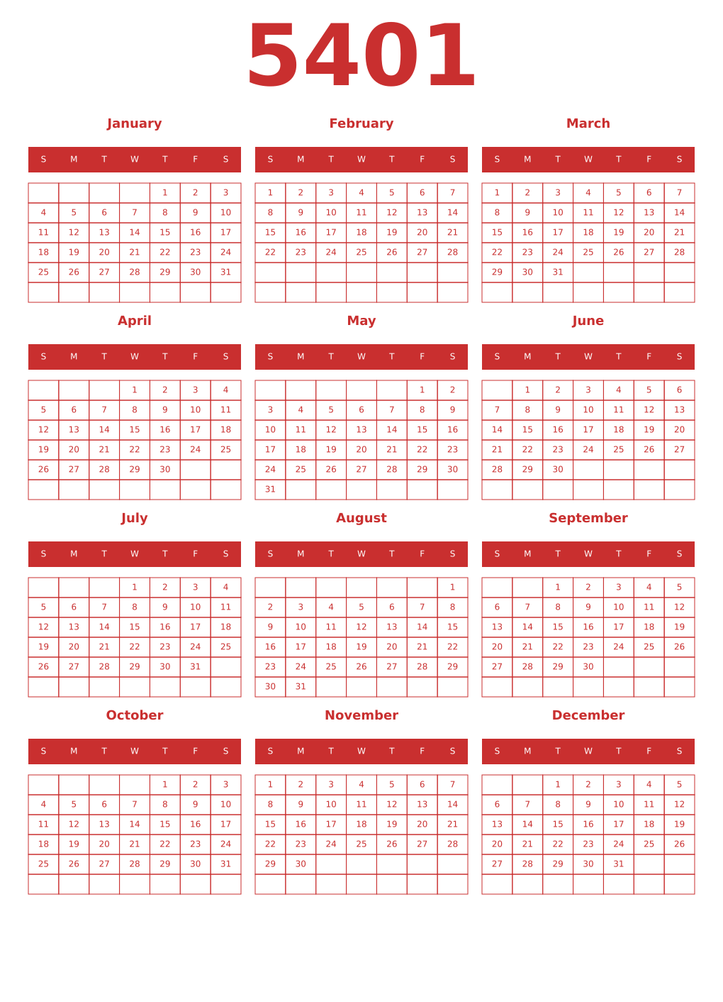Printable 5401 Year Calendars red