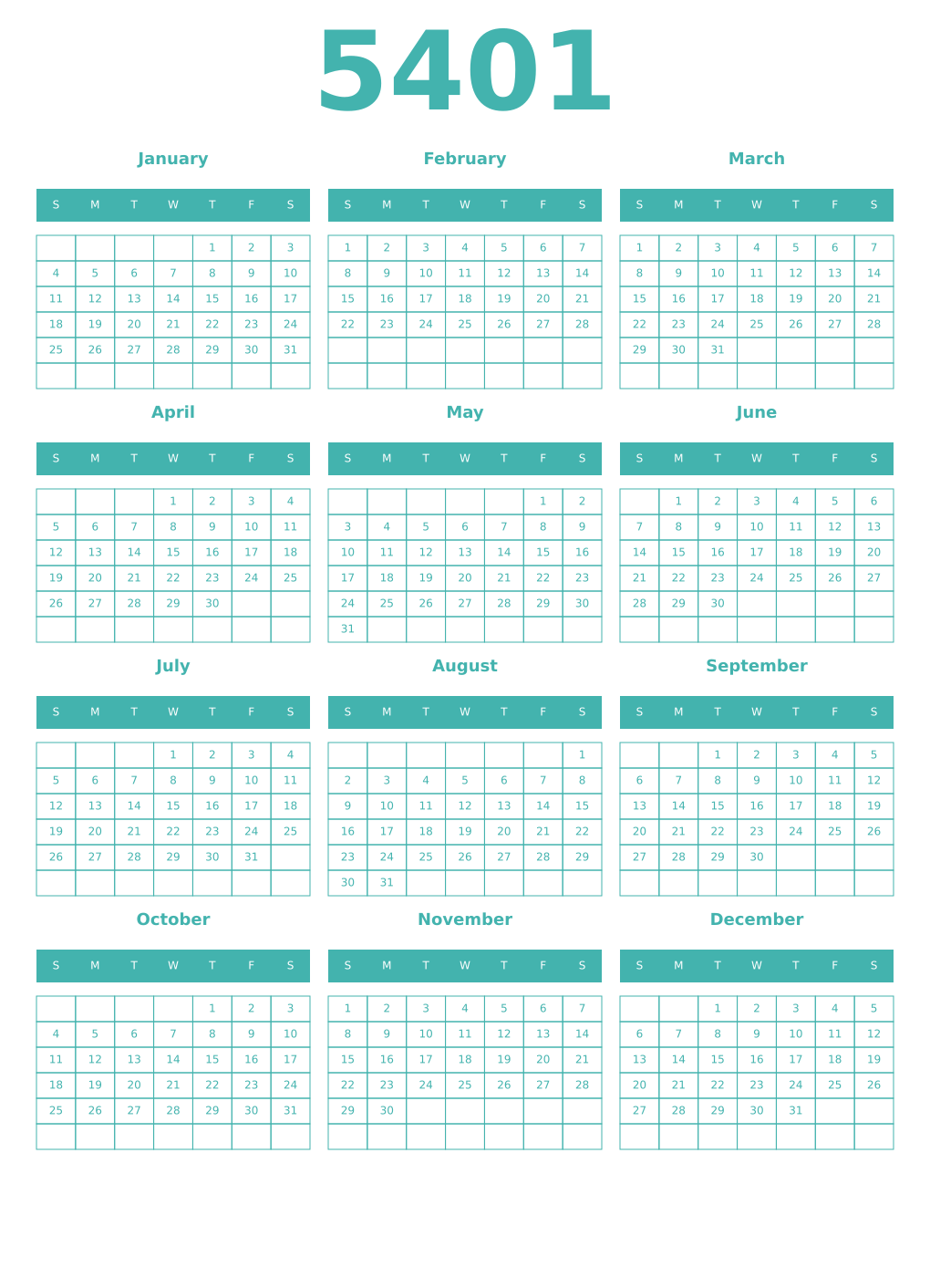 Printable 5401 Year Calendars verdigris