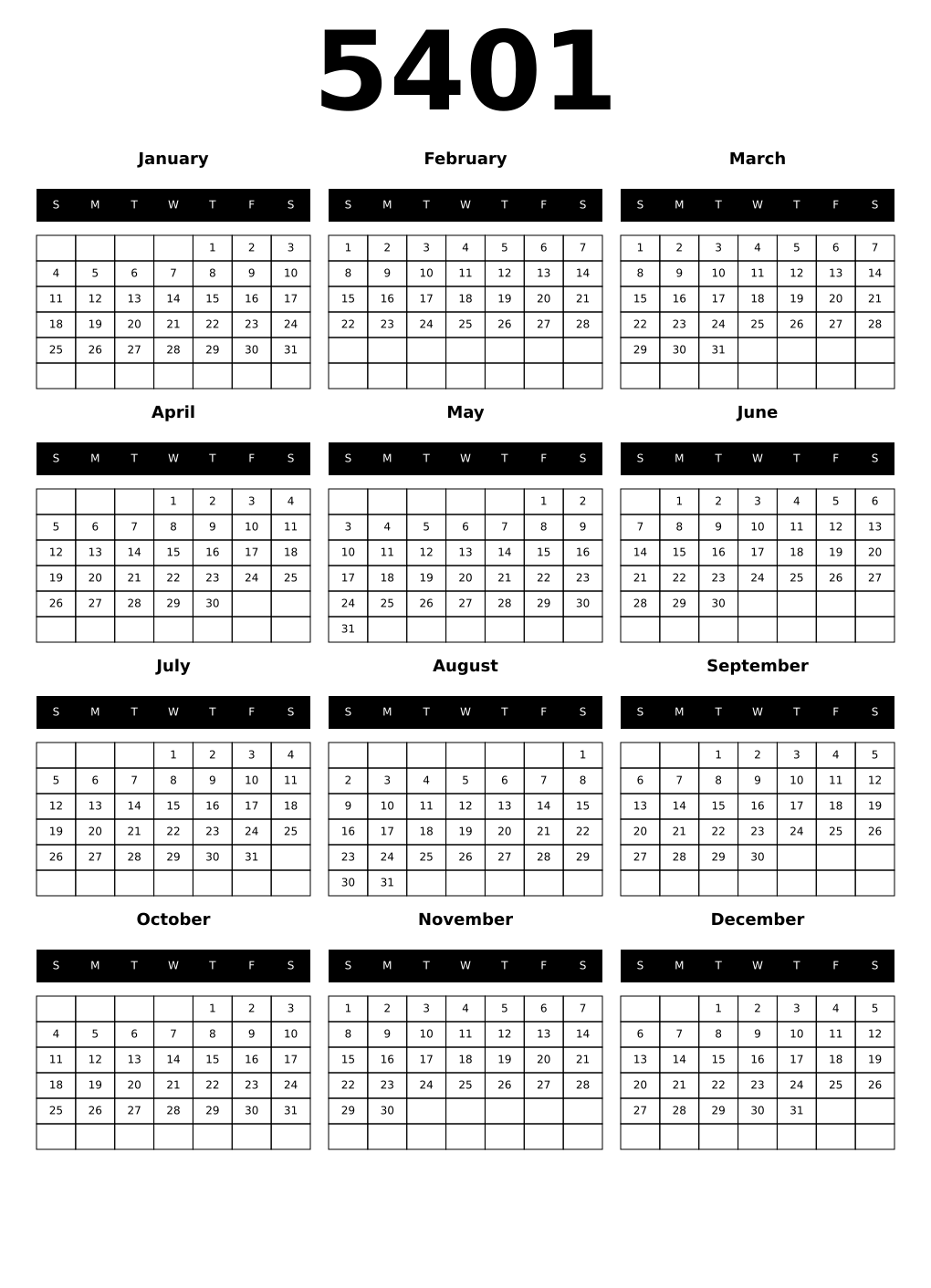 Printable 5401 Calendars