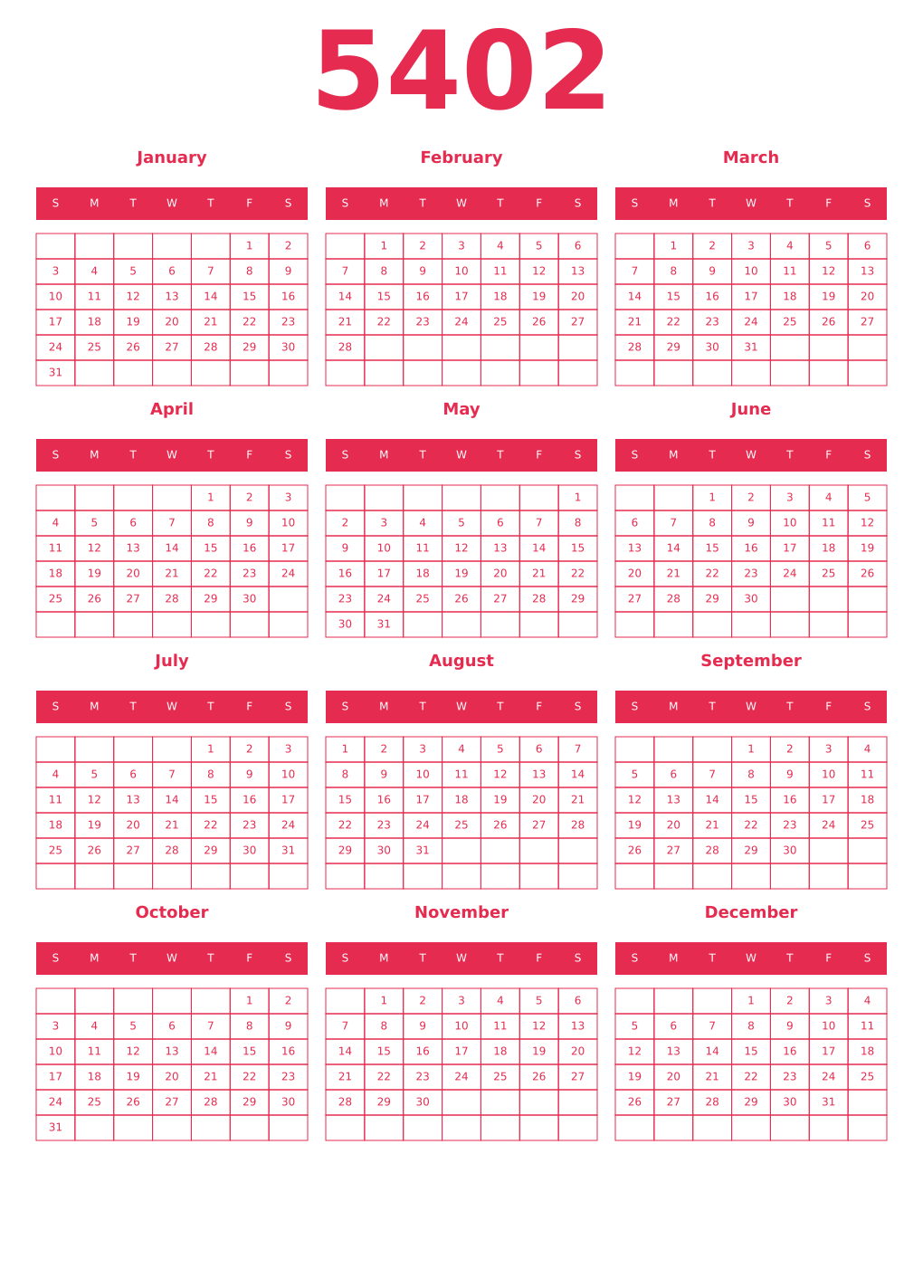 Printable 5402 Year Calendars amaranth