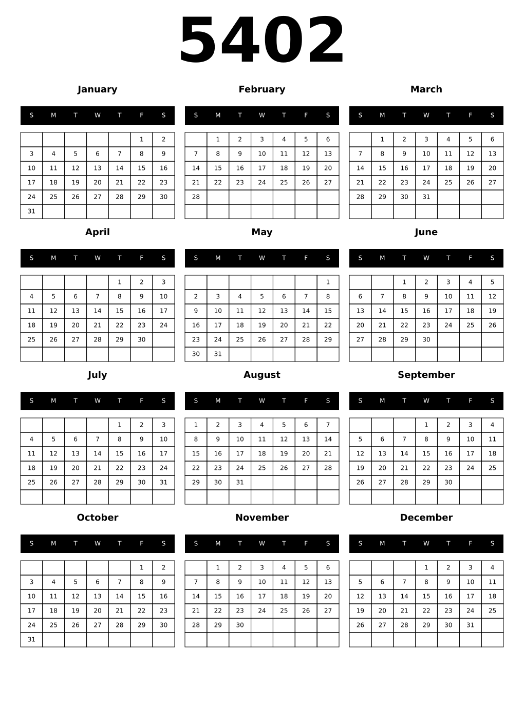 Printable 5402 Year Calendars black
