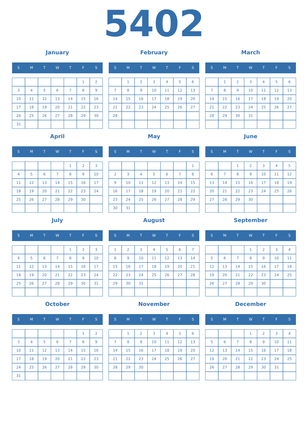 Printable 5402 Year Calendars blue