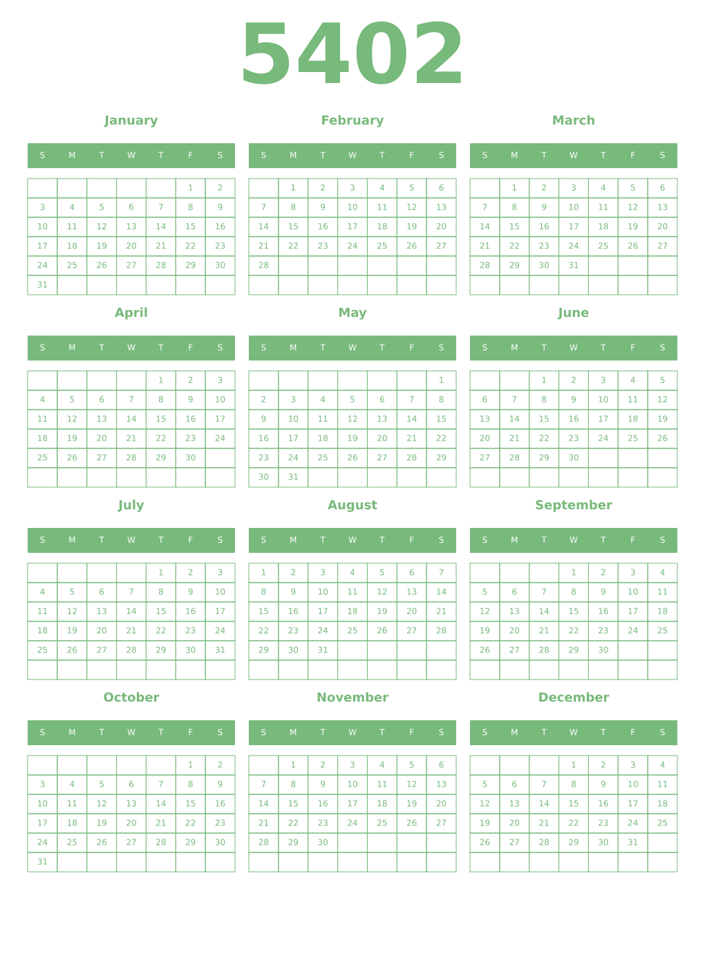 Printable 5402 Year Calendars celadon