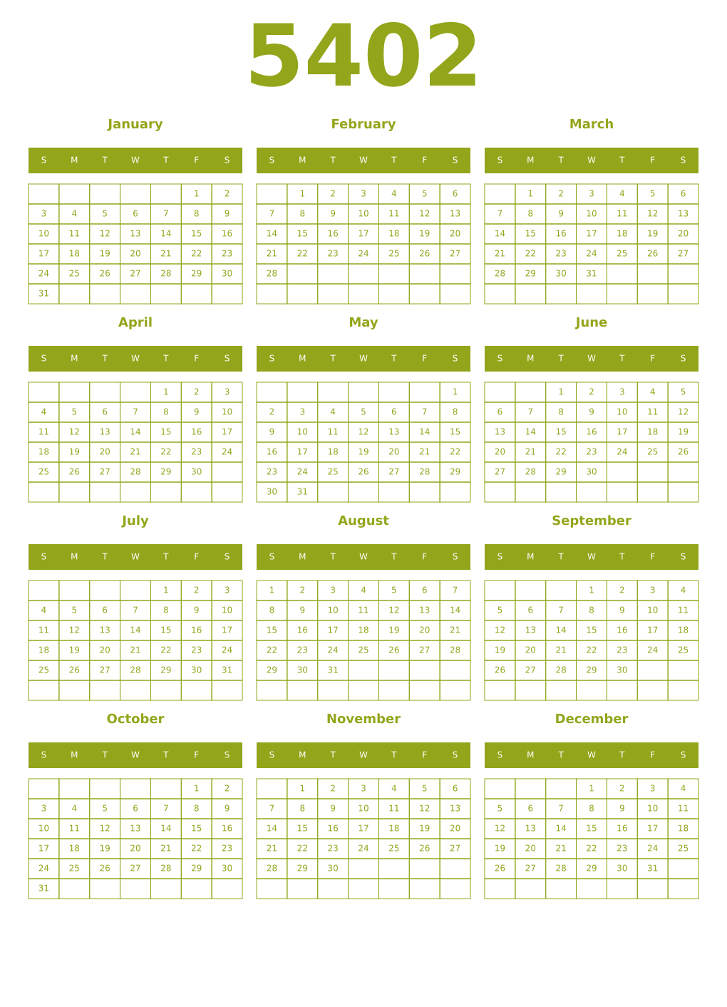 Printable 5402 Year Calendars chartreuse
